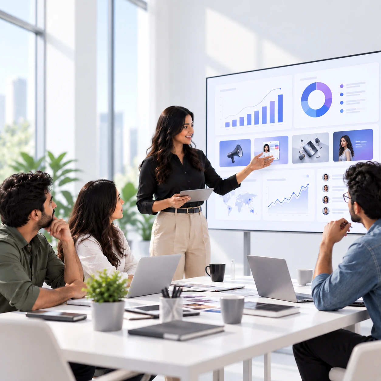Agency team reviewing campaign dashboards in a meeting room