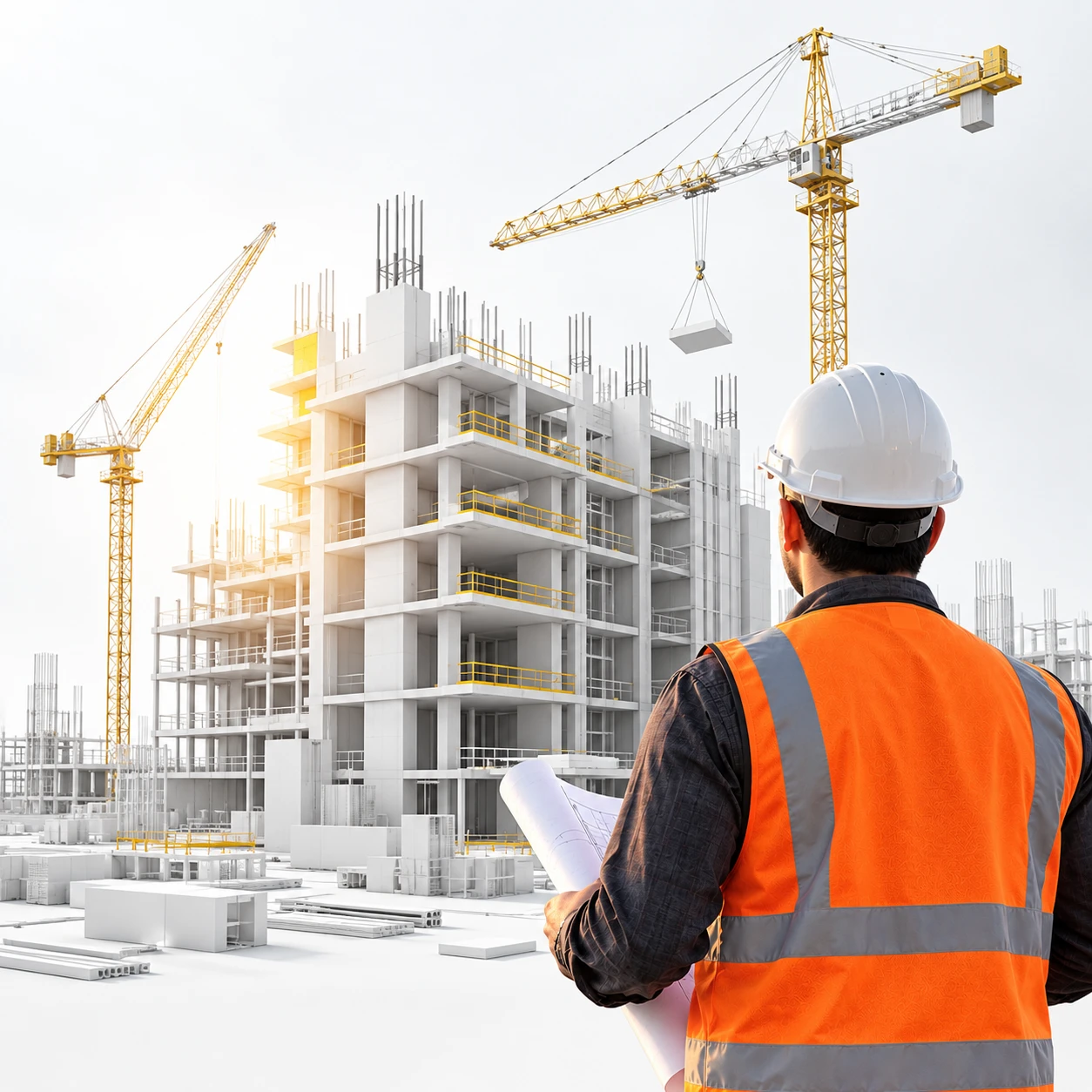 Site engineer reviewing drawings on a multi-storey construction site
