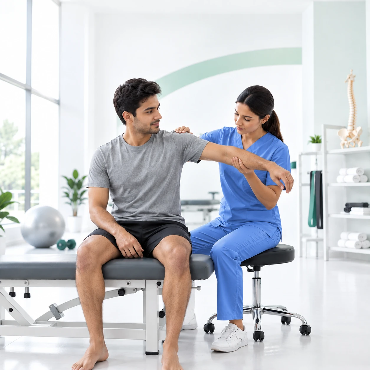 Physiotherapist assessing a patient's shoulder mobility in a clinic